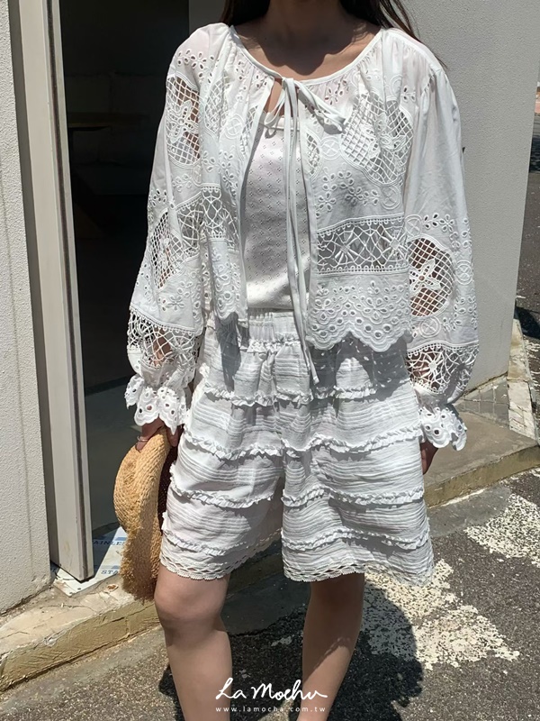 簍空雕花蕾絲綁帶罩衫外套